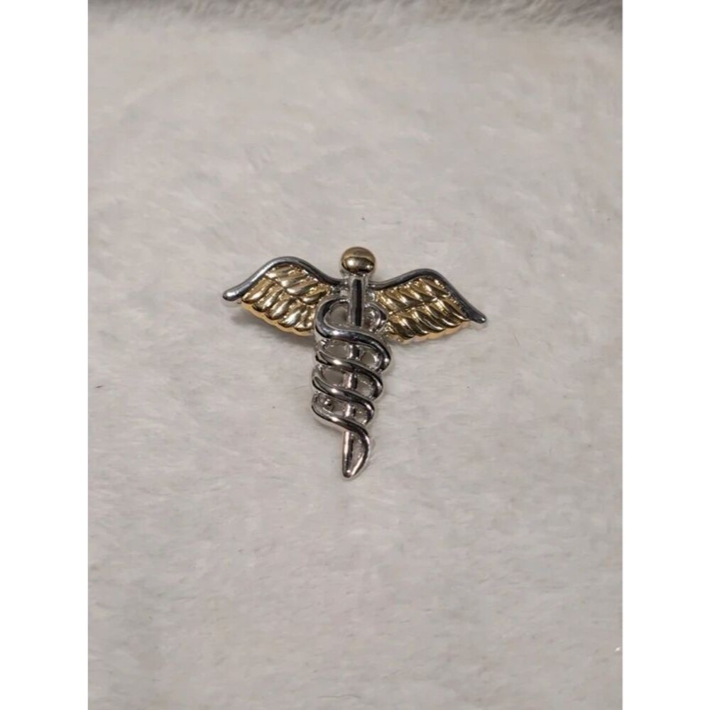 Two Tone Silver Gold Caduceus Medical Symbol Brooch Pendant